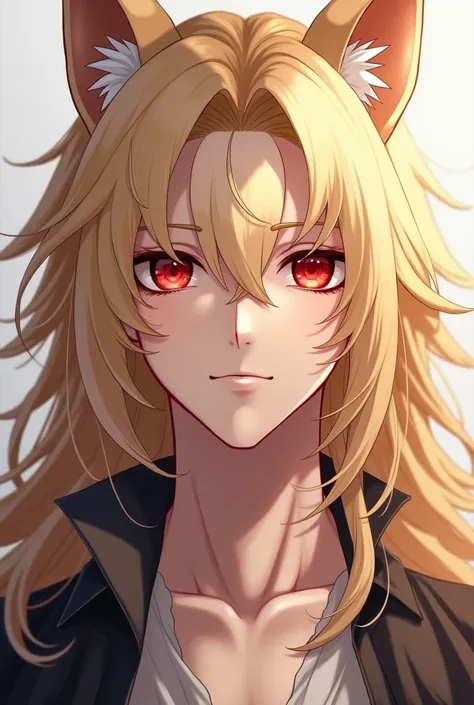 (Anime style) handsome man, wolf ears, golden long hair, blood reddish eyes, soft delicate white skin