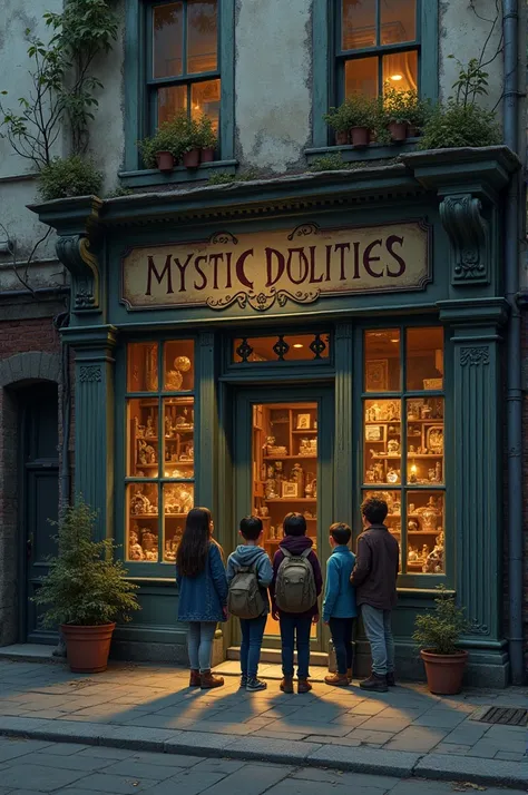 Panel 1:
[Exterior of an old antique shop, with a sign that reads “Mystic Curiosities.”]
Caption: “An afternoon stroll led five friends to an intriguing antique shop…”

Panel 2:
[The friends—ALICE, BEN, CHARLIE, DANI, and EVE—gather at the door, excited.]
...