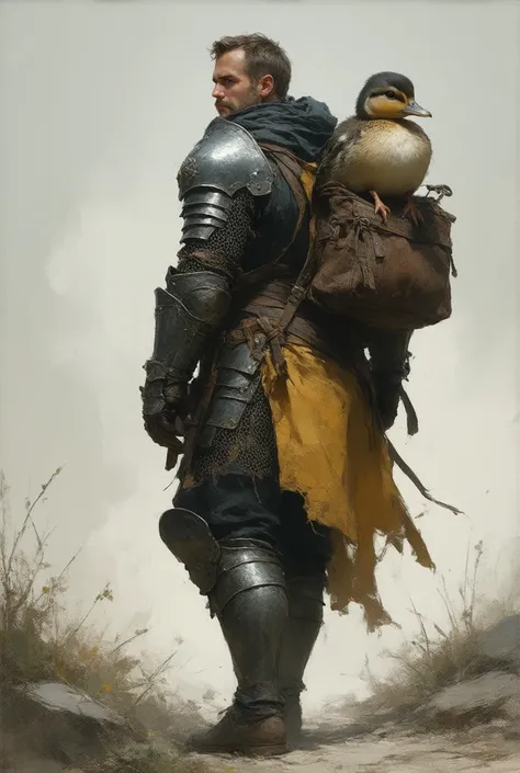 Mercenary in Western armor 、 shiny full plate armor、Carrying a leather bag on his back 、 There is a relaxed duck inside the bag、Anime-style graphics