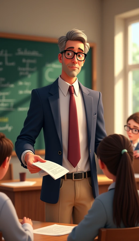 Create a Pixar-style image of a law professor in his mid-50s distributing exams to high school students in a classroom. The professor, with a medium build, neatly combed salt-and-pepper hair, and sharp brown eyes behind rectangular glasses, wears a navy bl...