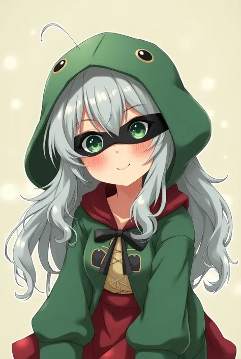 Anime girl with silver hair green eyes green hoodie as she wears Little Red Riding Hood and black mask on her eyes smiling and looking more like an anime cartoon