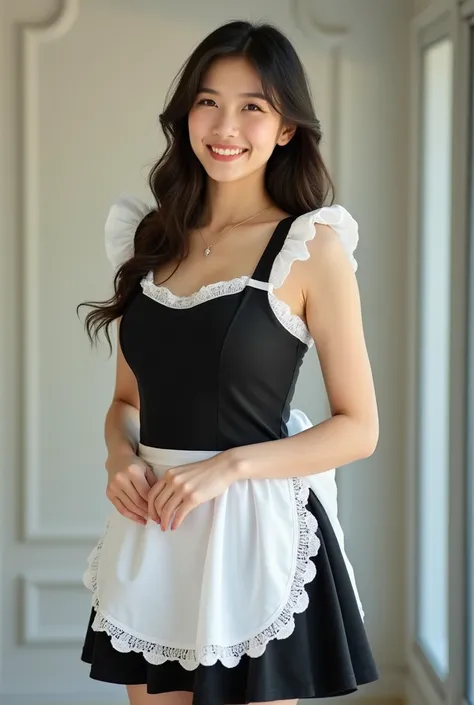 A beautiful young maid in a fitted black and white maid’s uniform, standing with her body facing the camera, showing her full figure. She has a charming, warm smile and bright eyes that make her look both sweet and confident. Her maid uniform is neat and e...