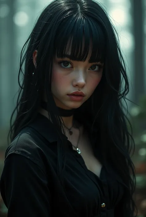 White girl with long black hair with bangs ,  big black eyes ,  black clothes,  image style from the Netflix series Arcane 2d and 3d
More lively