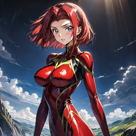 masterpiece, Best Quality, High resolution,16k,official art,super detailed skin,detailed,animated painting,(Karen Kouzuki),(Code Geass),1990s (style),Beautiful C-cup breasts、: ,Sweat all over、Muscular,,solo,Anime-style painting style, Redhead,Short Hair、Re...