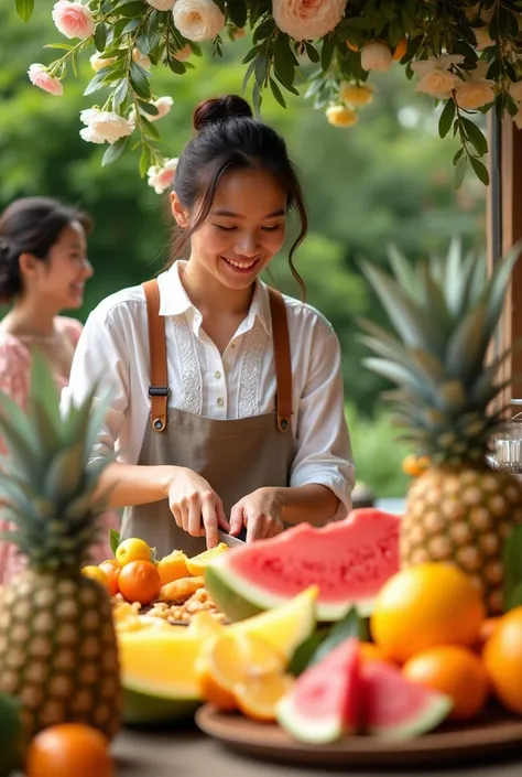 A person cutting fruit and distributing it at weddings only
