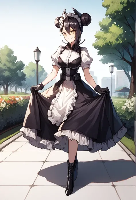 agent (girls frontline), gloves, smile, blush, long skirt, 1girl, Solo, AgentNormal,double bun,maid,sangvis ferri,yellow eyes, black hair, park, walking, black heels boots 