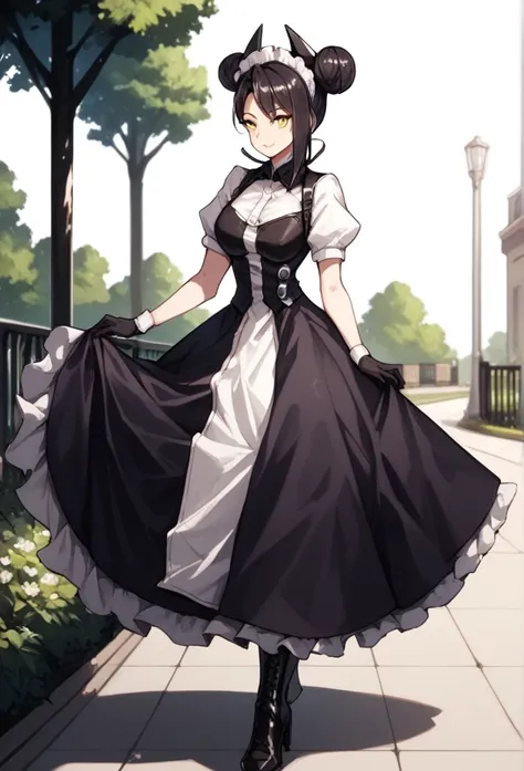 agent (girls frontline), gloves, smile, blush, long skirt, 1girl, Solo, AgentNormal,double bun,maid,sangvis ferri,yellow eyes, black hair, park, walking, black heels boots 