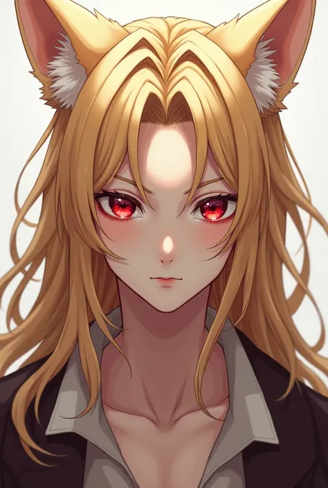 (Anime style) handsome man, wolf ears, golden long hair, blood reddish eyes, soft delicate white skin