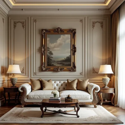 Living room decorated in European style, a luxurious and refined atmosphere. Intricate interior decoration details emphasize the refined style of the room, while a carefully considered decoration design adds an impeccable finishing touch