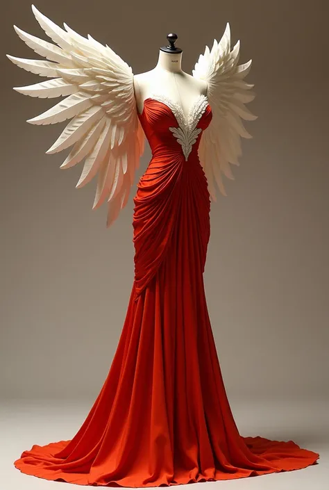 Make a sexy red orange ,   dress inspired by a hawk with white wings for a model of 1,70m tall on a mannequin on the side 