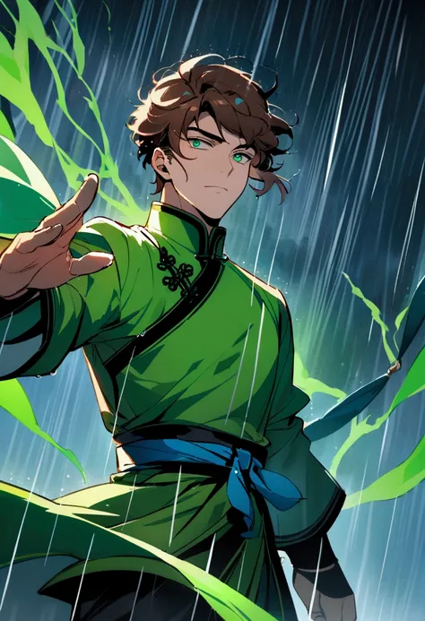 Chinese martial artist man with brown hair and green eyes wearing green clothes with blue details in the rain with green energies around him