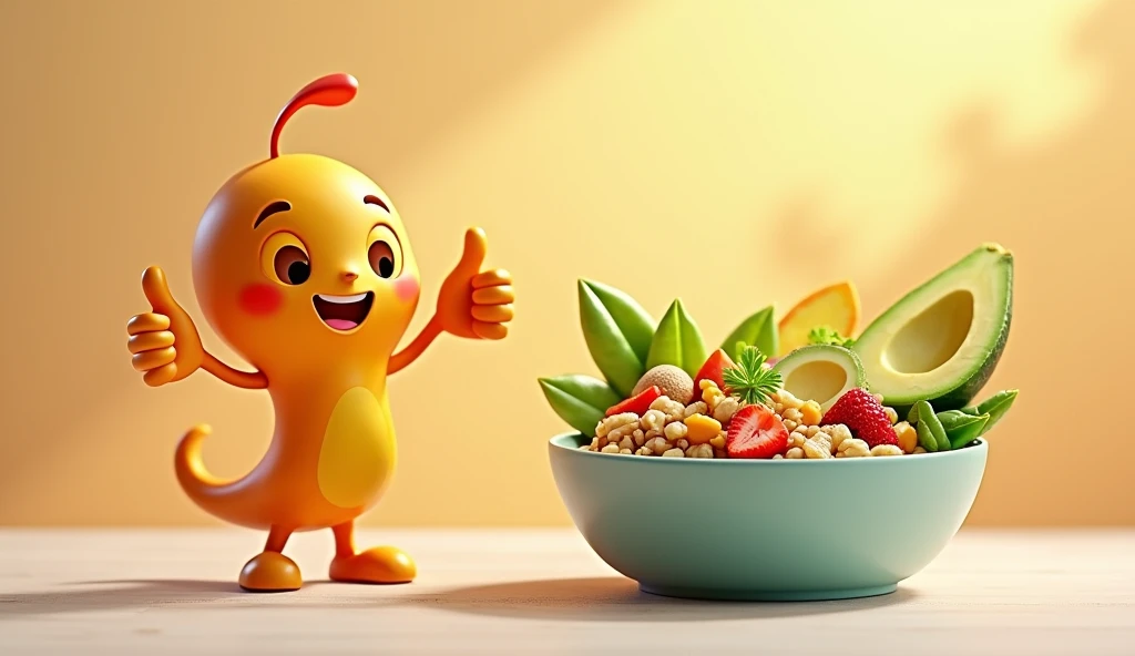 Right: A vibrant bowl of healthy food (nuts, avocado, whole grains) with a smiling animated character giving a thumbs up.