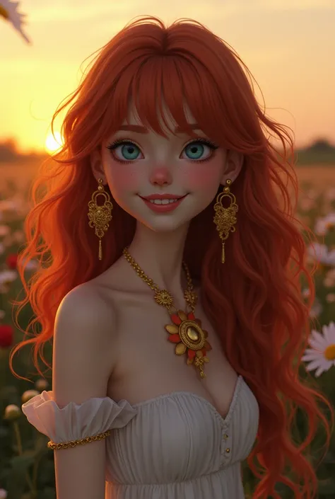 3 women white with some freckles,long wavy red hair, with bangs, dark blue eyes with long eyelashes, Grinning, body skinny, with long dress, wearing black heels, wearing a gold bracelet, with a golden flower necklace, in a field of flowers at sunset