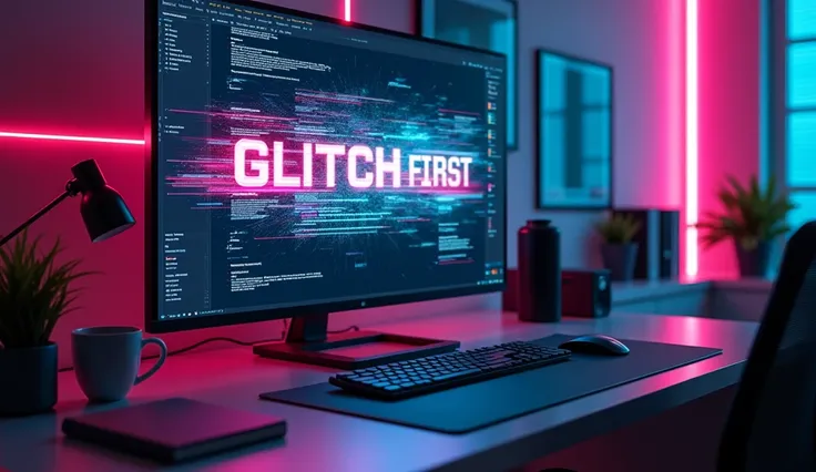 “A modern workspace with a large computer screen displaying the After Effects interface, showing a project featuring glitch text with distorted, broken typography and digital effects. The glitch text includes neon colors like pink, blue, and turquoise, wit...