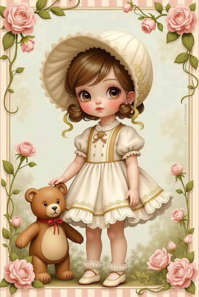 cute doll with a teddy bear, wearing a dress and hat, vintage-style illustration, pastel colors, roses in the background, stripe...