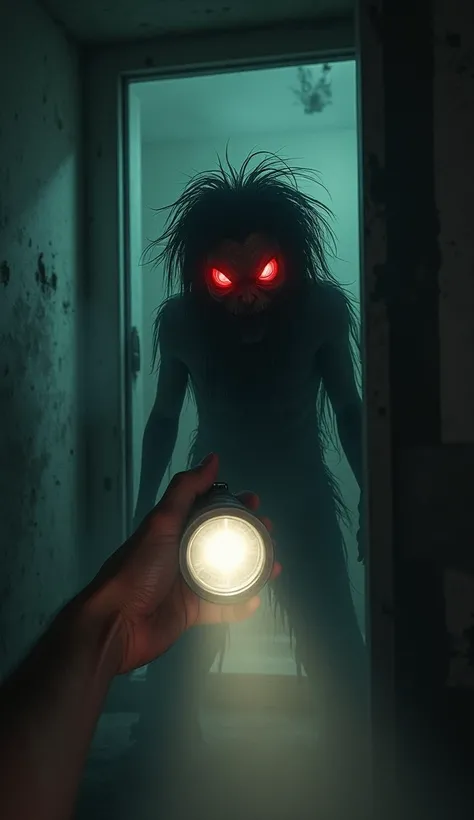 a hand carrying a flashlight, was illuminating the darkness, the beam of the flashlight captured the figure of a strange demon with shaggy hair and wide, bright red eyes, in a dark, abandoned and dusty room