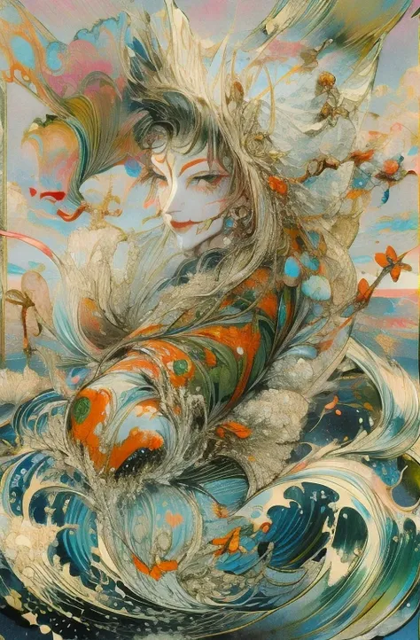  Beautiful painting of Japanese demon Koi fish ,  with touches of Ukiyo-e style and watercolor,  cherry leaves in the background ,  you can see waves in the background . Demon Koi Fish ,  in the middle of waves ,  ukiyo-e landscape and watercolor .
