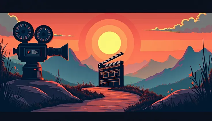  Design a banner for the YouTube channel @ cinemente007 that combines classic cinematographic elements , 
 such as a clapperboard and an old camera , with symbols of self-improvement ,  like a mountain climbed or 
A light at the end of the tunnel.  Use a c...