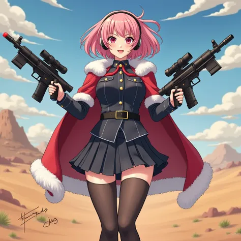   Dracula girl in front of multiple rocket guns、Bob Hair、Nazuna-chan       、girl in military uniform  , mini skirt Santa （myo ）Character、  characters、    tight skirt、   Pink Hair、    headset    、   Near future   、desert、