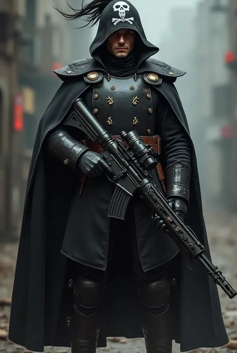 A Prussian soldier wearing a black uniform , wearing a metal breastplate on his chest ,   on his head a caped with a pirate symbol, In one hand is a machine gun 