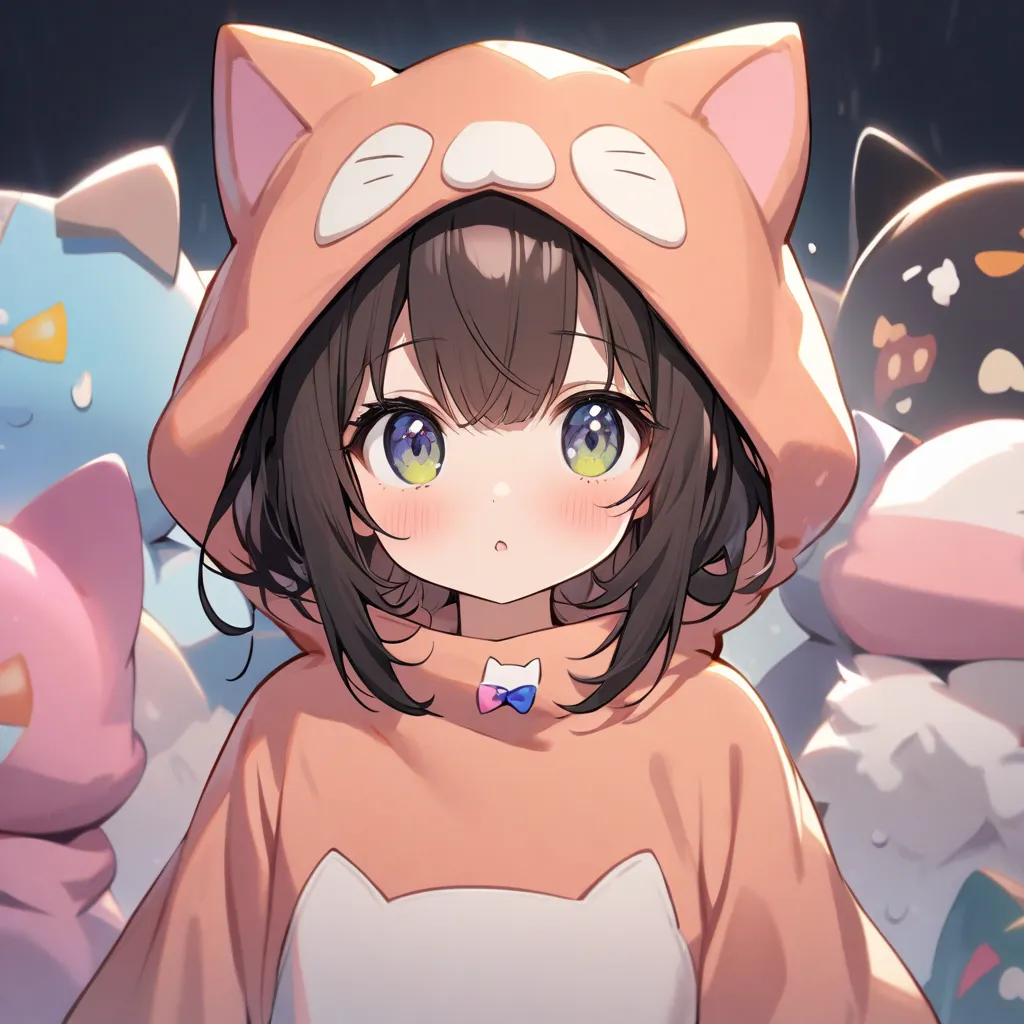 a girl, Snuggly wear, cat costume, solo, upper body shot,  character design, surrounded by bow,