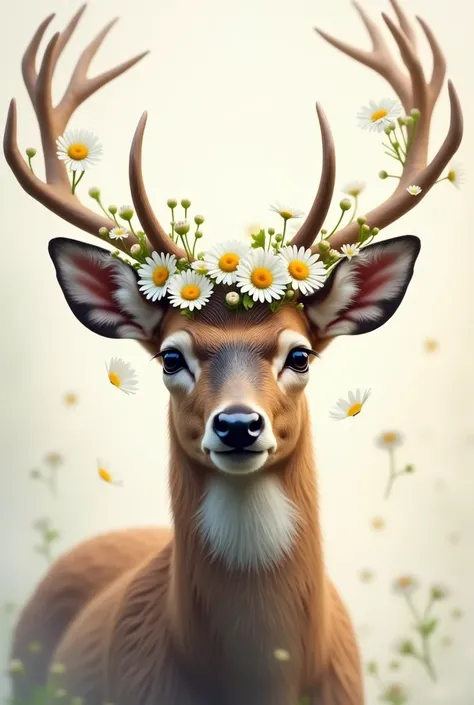 Deers head with a many 
daisy on the deers antlers