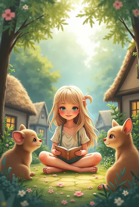  a girl in a forest town telling stories to ren ( watercolor anime image )

