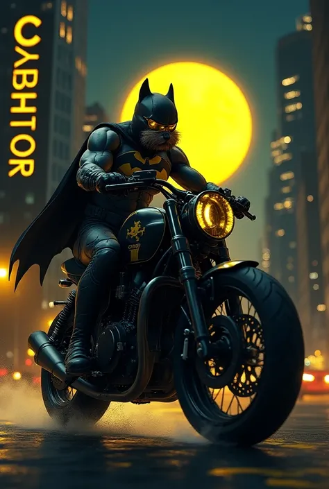  A man disguised as Batman , Corpo Atlético , with a beaver head , Oakley type gold lenses ,  riding the Black and Yellow Bati Moto ,  in a city at night with a big full Moon Yellow,  and in a building reads CYBRO in Yellow 