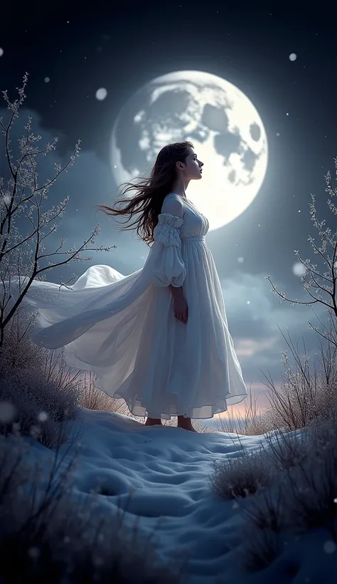  Fantasy 　Snow Flower　 cute pretty young beautiful woman　 look up at the sky　Sadly 　 white silk dress 　 long hair fluttering in the wind 