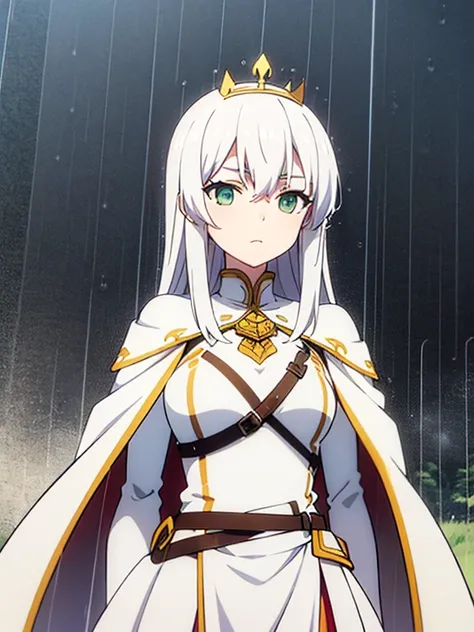 girl, White armor, White crown , long white cape ,((Rain in the background)), green eyes,  long white hair,anime painting 