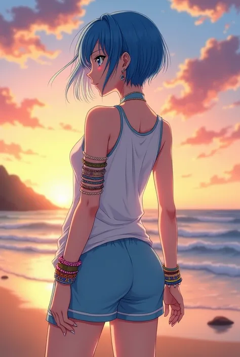 anime,  beautiful woman,  short hair color blue  ,  bright blue eyes , big bust, thick legs, beautiful body, many bracelets , earrings, loose white clothing with light blue hippie-like details, tennis shorts color blue ,  watching the sunset.