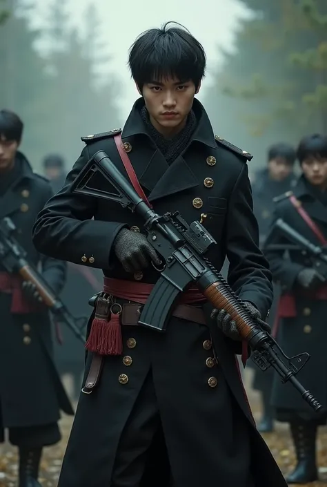 Image quality is 8K。 3 Japanese handsome male college idols play cruel and outrageous heinous serial indiscriminate mass murderers。All are heavily armed。Everyone stands in the same position in a row。 the characters and background are not blurred 。Everyone ...