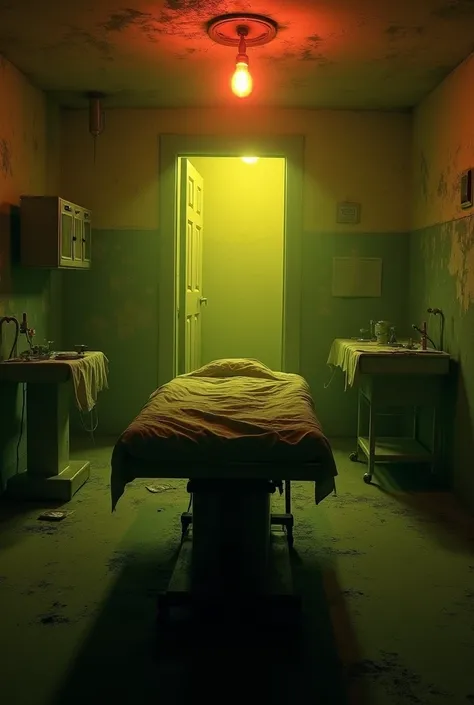 First-person waking up in an old operating room with a red light bulb with already deteriorated yellow walls that have a shady door half open.High resolution, quality, limelight, 