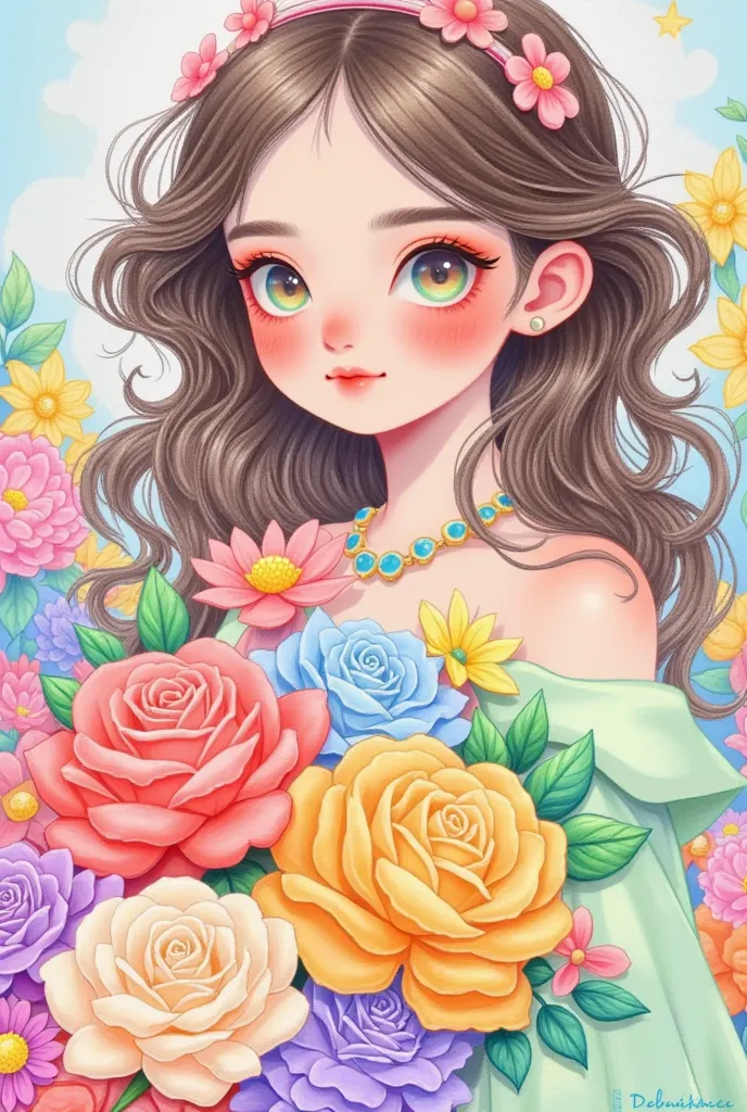 a beautiful girl with long, curly hair, big eyes, and gorgeous flowers in her hand - pink, green, yellow, blue, and purple roses...