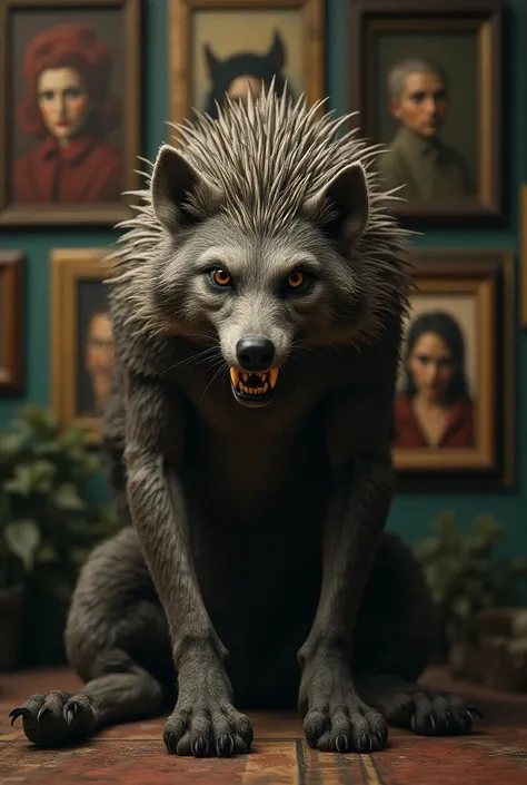 Create an image of a hybrid half-human half-wolf and half-hedgehog with several paintings with expressions 