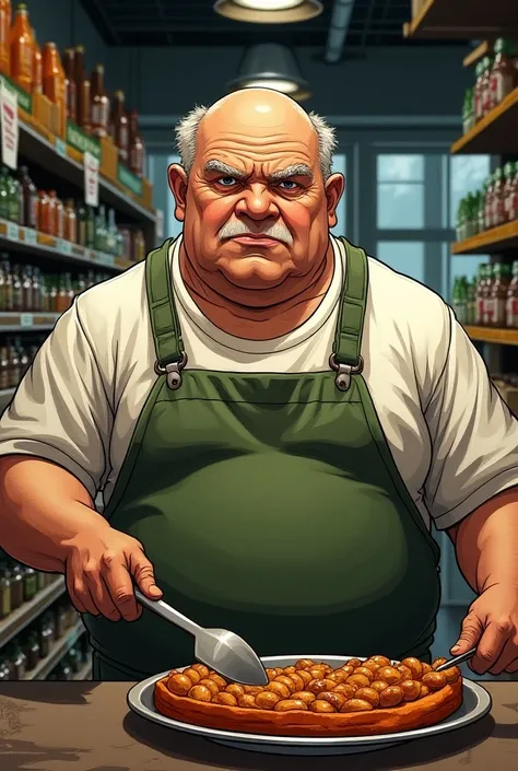 A man in comics who has slanted black eyes is a bellied man is of short stature, without mustaches, without a beard, in his 80s who works in a food store. 