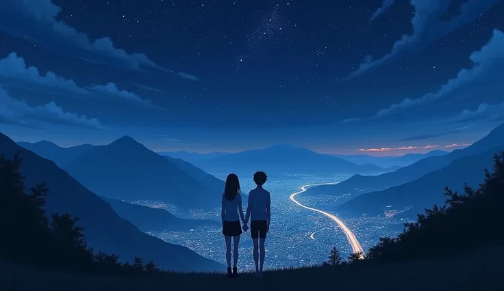 Night view looking up at the top of the mountain ， starry sky ，Late Night， The middle of the photo is a view of the city and a highway in the distance， The main anime couple holding hands ， The main anime couple stands with their backs to the camera,Holdin...