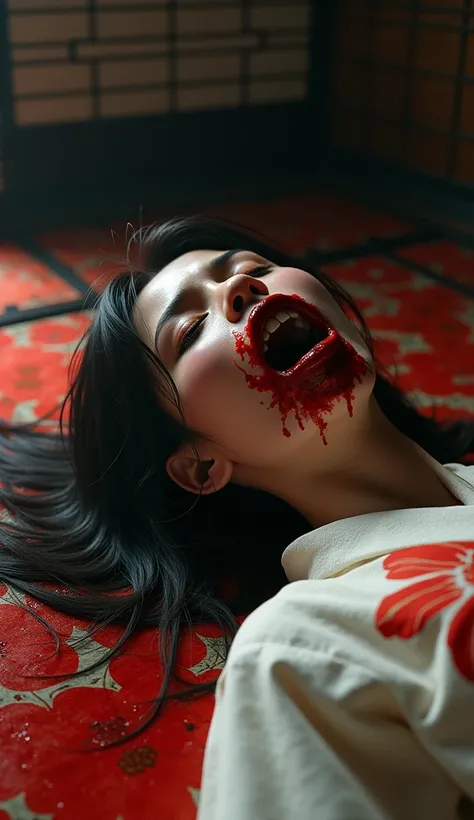 beautiful Japanese woman wearing traditional Japanese clothes, on the floor of a traditional Japanese house colored with red floral motifs, lying pathetically with her eyes closed, and with a cut from a samurai sword in her mouth that caused her mouth to b...