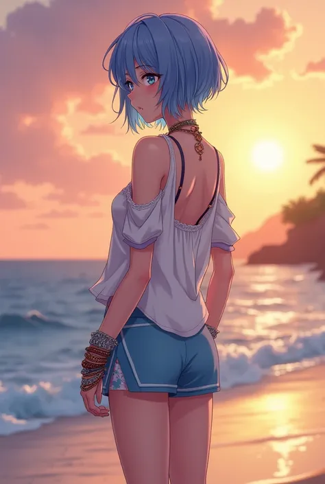 anime,  beautiful woman,  short hair color blue  ,  bright blue eyes , big bust, thick legs, beautiful body, many bracelets , earrings, loose-fitting white clothing with lilac hippie-like details, tennis shorts color blue ,  watching the sunset.