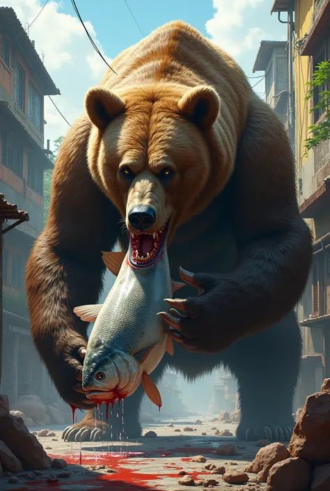  In a favela a giant and furious grizzly bear, Tearing a fish in the middle , 