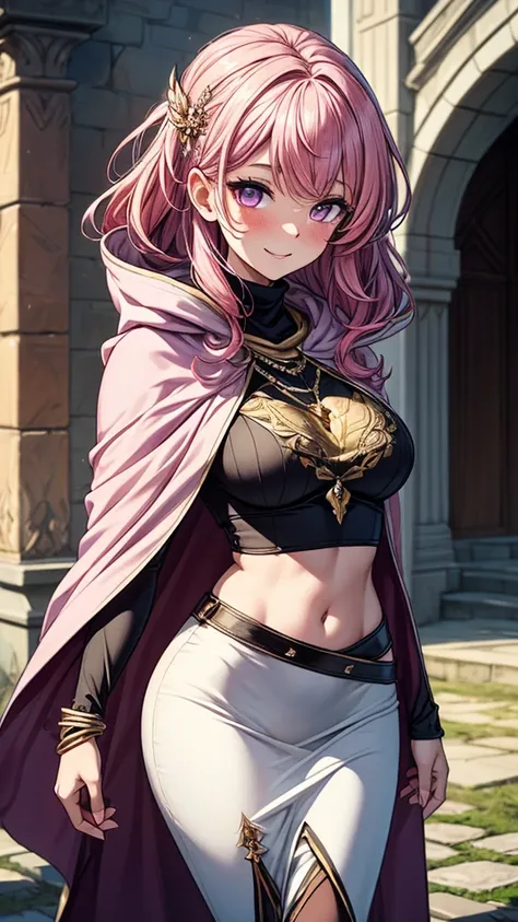 ((masterpiece, best quality:1.3, high detail)), beautiful woman, smile, looking at viewer, long wavy hair, (pink hair), hairpin, bright purple eyes, light blush, (white crop top), (long black midi (pencil skirt)), midriff, navel, necklace, (cloak, hood), (...