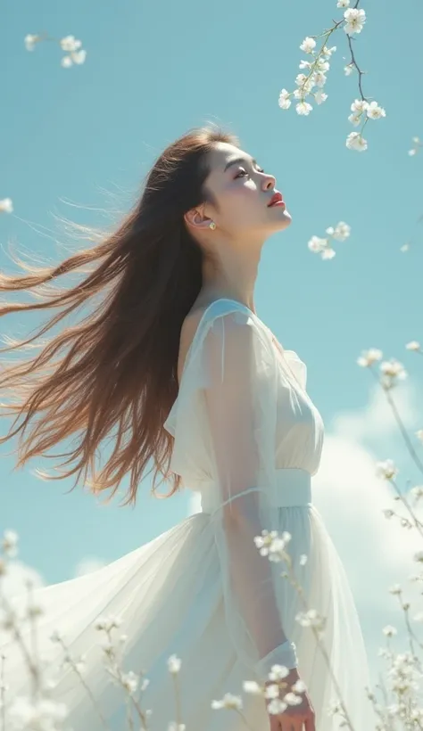   Fantasy  　Snow Flower　 かわいいきれいな若い美しい女性　  looking up at the sky 　 　  white silk dress  　 Cute pretty young beautiful woman with long hair fluttering in the wind ,  high definition , Brown Hair, masterpiece,  best quality, accurate, 