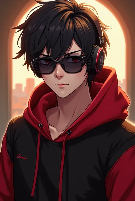 Create anime character wearing red and black 
hoodie and sunglasses with gaming headphone boy luxurious
