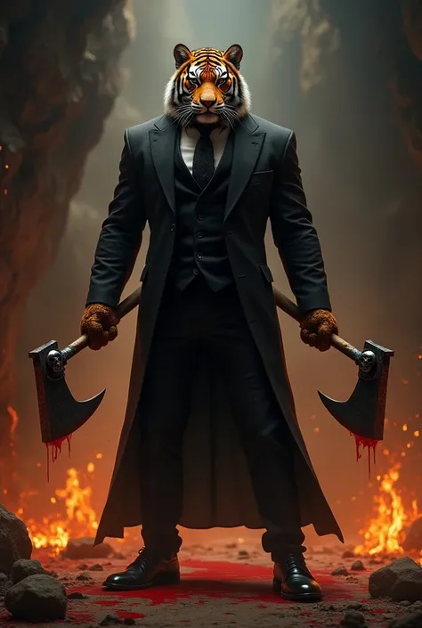 HUMANOID TIGER, black long sleeve suit , black dress shoes,  Muscular body, With an axe in both hands aura of fire and blood,  wearing rings shaped like a skull head, serious face, in a cave