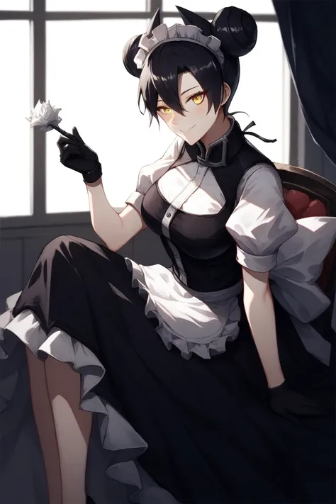 agent (girls frontline), gloves, smile, blush, long skirt, 1girl, Solo, AgentNormal,double bun,maid,sangvis ferri,yellow eyes, black hair, room, sitting on chair,  