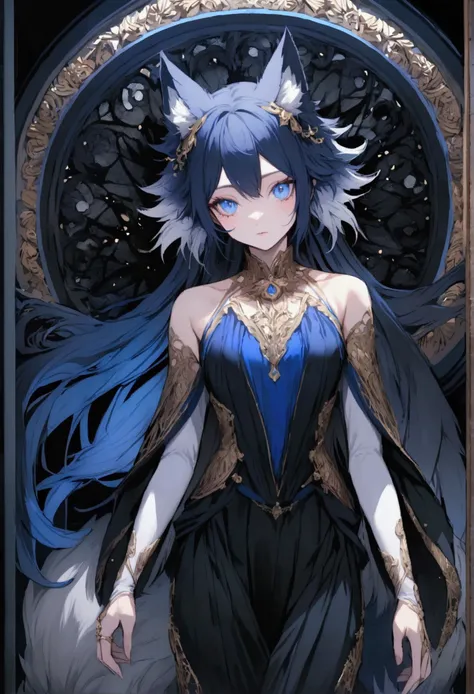  Creates an image of a hybrid semihuman , half wolf half hedgehog ,  of dark blue color and light blue tips