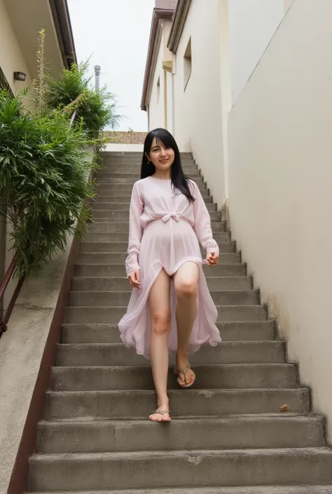 Taken from the bottom of the stairs to the top、Descending an external staircase 、 open shirt 、 no underwear、Skirts roll up in strong winds、 one girl 、Japanese Uniform、Sandals、smile