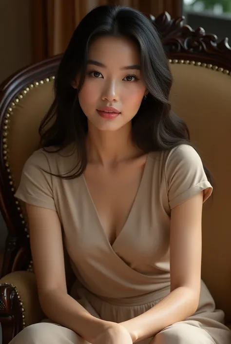 "Create a digital group portrait of 10 South East Asian women seated gracefully in an elegant, upholstered chair, embodying the perfect blend of youthful vibrancy and mature elegance. Their radiant, complexion glows under soft, warm lighting. Their eyes ar...