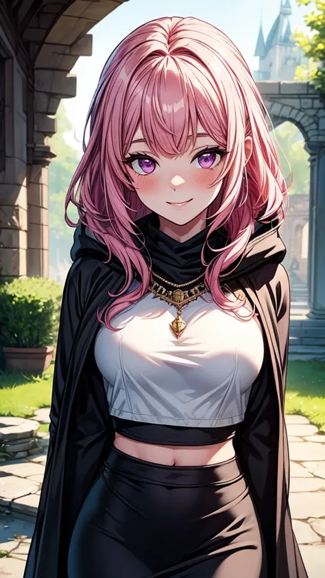 ((masterpiece, best quality:1.3, high detail)), beautiful woman, smile, looking at viewer, long wavy hair, (pink hair), hairpin, bright purple eyes, light blush, (white crop top), (long black midi (pencil skirt)), midriff, navel, necklace, (cloak, hood), (...