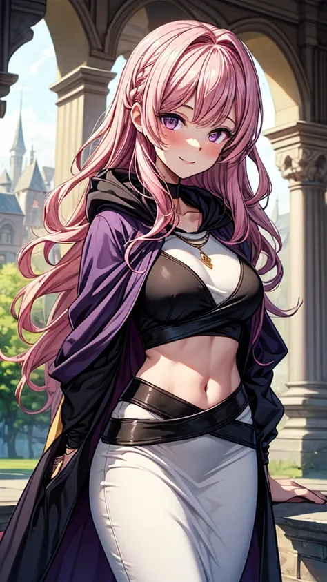 ((masterpiece, best quality:1.3, high detail)), beautiful woman, smile, looking at viewer, long wavy hair, (pink hair), hairpin, bright purple eyes, light blush, (white crop top), (long black midi (pencil skirt)), midriff, navel, necklace, (cloak, hood), (...